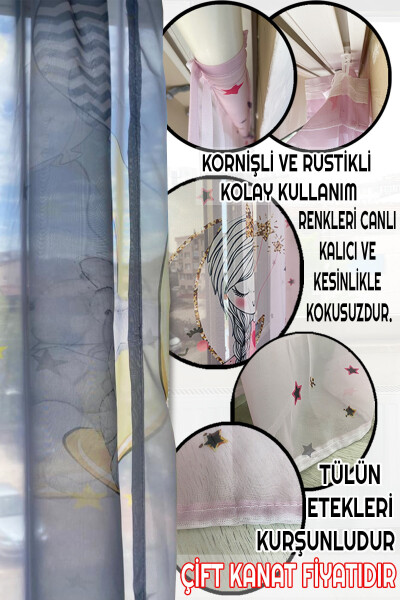 Bebişim Dotted Star Children's Room Tulle Curtain - 2