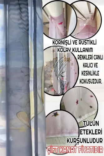 Bebişim Puantiyeli Yıldızlı Çocuk Odası Tül Perde - Beyaz - BEBIŞIM HALI (1)