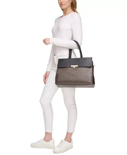 Becky Signature Triple Compartment Turnlock Convertible Tote - Brown Khaki/Black - 3