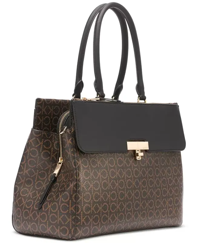 Becky Signature Triple Compartment Turnlock Convertible Tote-Brown Khaki/Black - 7