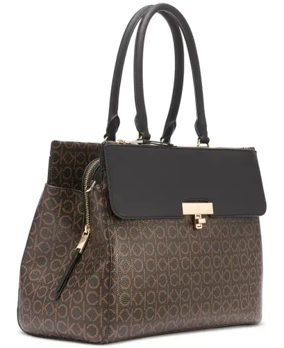 Becky Signature Uch Kompartmentli Turnlock Convertible Tote-Jigarrang Xaki/Qora - 7