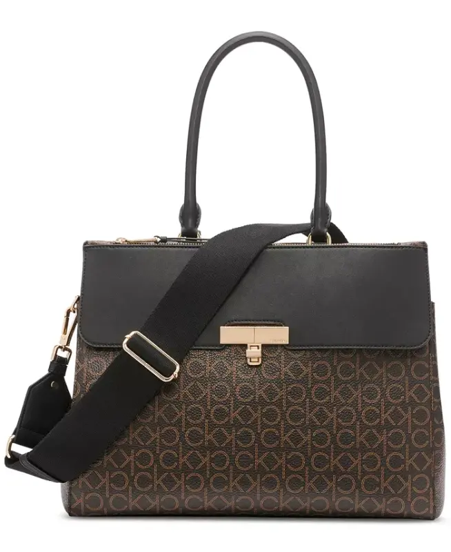 Becky Signature Uch Kompartmentli Turnlock Convertible Tote-Jigarrang Xaki/Qora - 1