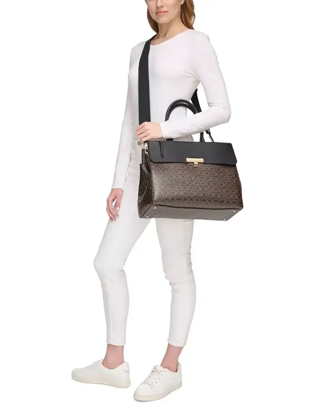 Becky Signature Uch Kompartmentli Turnlock Convertible Tote-Jigarrang Xaki/Qora - 2
