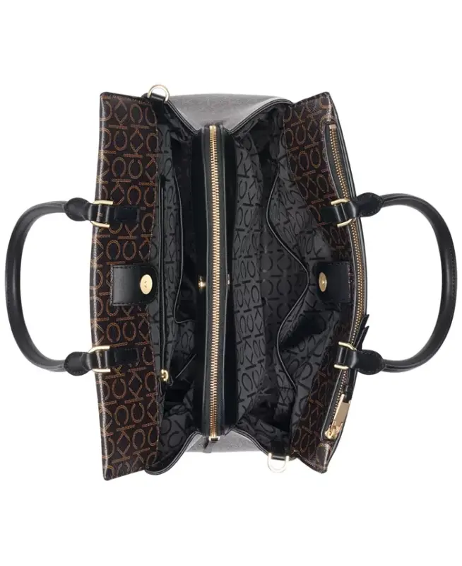 Becky Signature Uch Kompartmentli Turnlock Convertible Tote-Jigarrang Xaki/Qora - 5