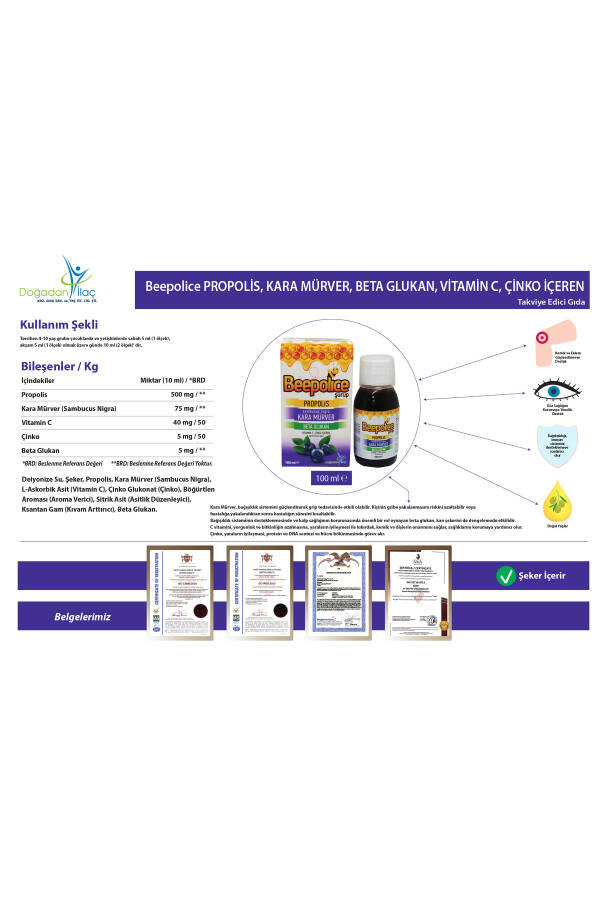 BEE POLİCE PROPOLIS ELDERBERRY BETA GLUCAN VITAMIN C ZINC SUPPLEMENTARY FOOD 100 ML SYRUP - 8