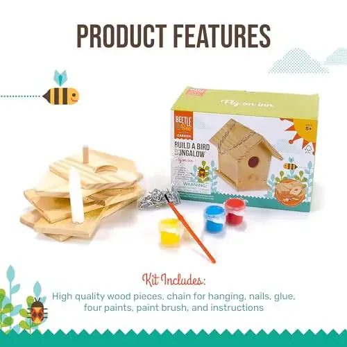 Beetle & Bee Build A Bird Bungalow - DIY Kid Art Craft Outdoor Birdhouse Kit, House Painting Kit for Kids, Hardware Glue Included- 4 Paints, 1 Brush, 7 Wooden Pcs, Chain For Tree Hanging Age 5+ - 27