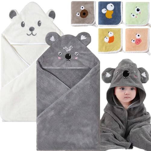 BEFACL 2 Pack Baby Towels with Hood and 5 Baby Washcloths, for Newborn Unisex, 31.5x31.5 in Ultra Absorbent Soft Hooded Bath Towel Set Gift for Boys Girls, Babies, Infant, Toddler, Newborn Essential - 43