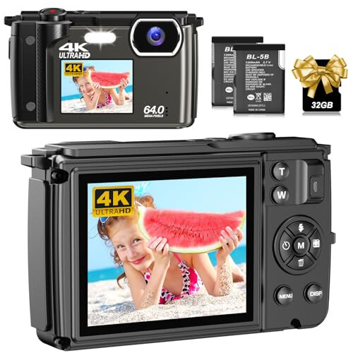 Beginner Digital Camera with SD Card, 64MP Photo/4K Video 60FPS, Dual Screens 2.8”/16x Zoom/Time-Lapse/Slow-Motion/Autofocus/Manual Focus, Vlogging Camera for YouTube - 1