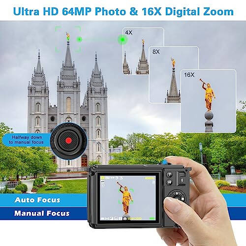 Beginner Digital Camera with SD Card, 64MP Photo/4K Video 60FPS, Dual Screens 2.8”/16x Zoom/Time-Lapse/Slow-Motion/Autofocus/Manual Focus, Vlogging Camera for YouTube - 3