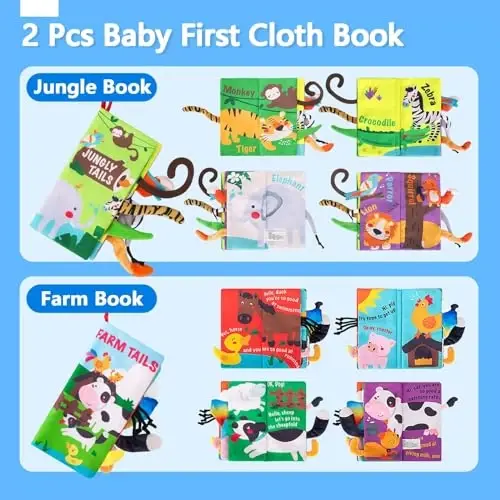 beiens Baby Books 0-6 Months, 2PCS Baby Toys 0-3-6-12-18 Months, Touch Feel Sensory Cloth Crinkle Soft Books, Tummy Time Stroller Infant Newborn Toys, Boy Girl Shower Gifts - 2