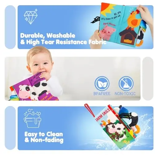 beiens Soft Toys Baby Cloth Books, Touch and Feel Crinkle Books for Babies, Infants & Toddler, Early Development Interactive Car Toys & Stroller Toys for Boys & Girls (Farm Tails-1 Book) - 4