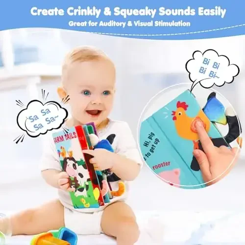 beiens Soft Toys Baby Cloth Books, Touch and Feel Crinkle Books for Babies, Infants & Toddler, Early Development Interactive Car Toys & Stroller Toys for Boys & Girls (Farm Tails-1 Book) - 6