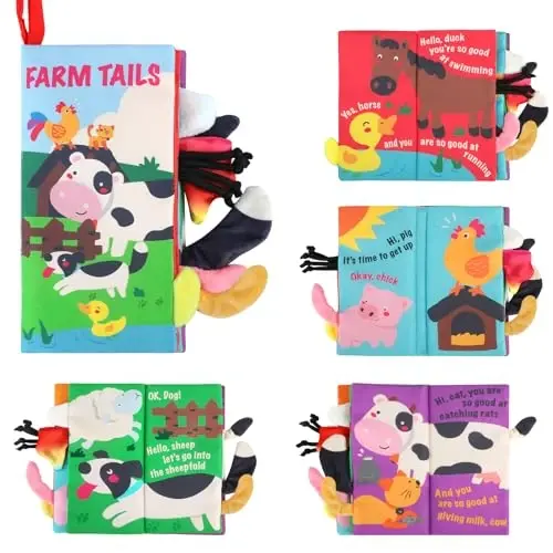 beiens Soft Toys Baby Cloth Books, Touch and Feel Crinkle Books for Babies, Infants & Toddler, Early Development Interactive Car Toys & Stroller Toys for Boys & Girls (Farm Tails-1 Book) - BEIENS