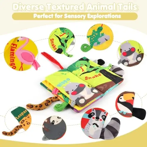 beiens Soft Toys Baby Cloth Books, Touch and Feel Crinkle Books for Babies, Infants & Toddler, Early Development Interactive Car Toys & Stroller Toys for Boys & Girls (Rainforest Tails-1 Book) - 2