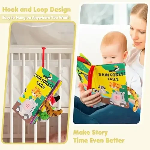 beiens Soft Toys Baby Cloth Books, Touch and Feel Crinkle Books for Babies, Infants & Toddler, Early Development Interactive Car Toys & Stroller Toys for Boys & Girls (Rainforest Tails-1 Book) - 4