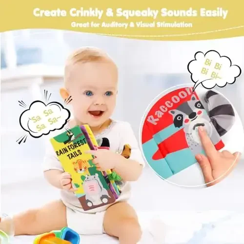beiens Soft Toys Baby Cloth Books, Touch and Feel Crinkle Books for Babies, Infants & Toddler, Early Development Interactive Car Toys & Stroller Toys for Boys & Girls (Rainforest Tails-1 Book) - 6