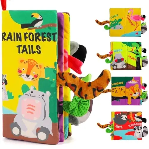 beiens Soft Toys Baby Cloth Books, Touch and Feel Crinkle Books for Babies, Infants & Toddler, Early Development Interactive Car Toys & Stroller Toys for Boys & Girls (Rainforest Tails-1 Book) 