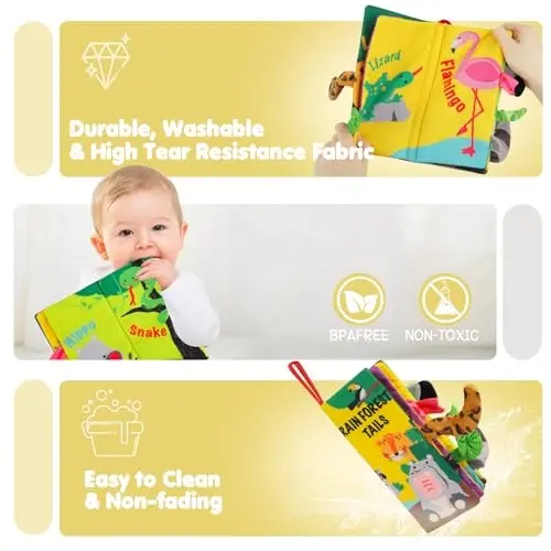 beiens Soft Toys Baby Cloth Books, Touch and Feel Crinkle Books for Babies, Infants & Toddler, Early Development Interactive Car Toys & Stroller Toys for Boys & Girls (Rainforest Tails-1 Book) - 3