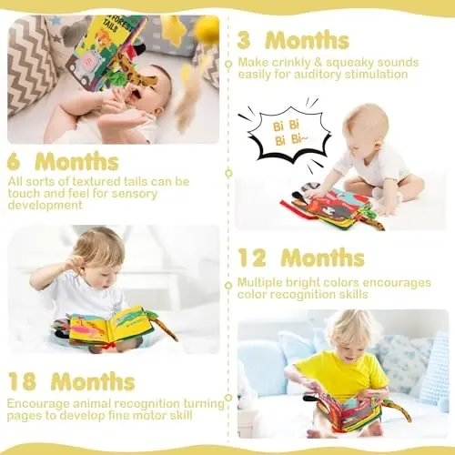 beiens Soft Toys Baby Cloth Books, Touch and Feel Crinkle Books for Babies, Infants & Toddler, Early Development Interactive Car Toys & Stroller Toys for Boys & Girls (Rainforest Tails-1 Book) - 5