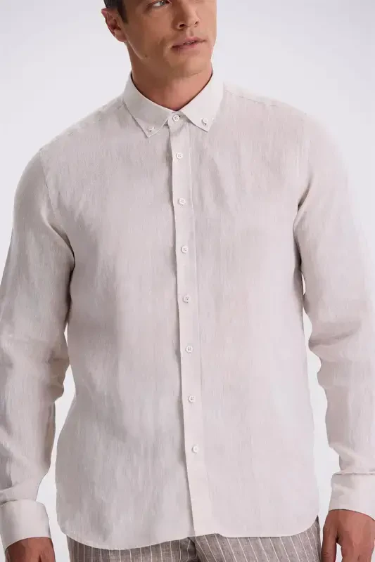 Beige 100% Linen Button Down Collar Comfort Fit Shirt - 3