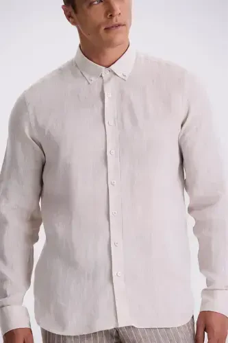 Beige 100% Linen Button Down Collar Comfort Fit Shirt - 3