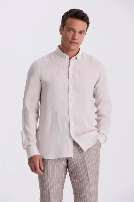 Beige 100% Linen Button Down Collar Comfort Fit Shirt - 1