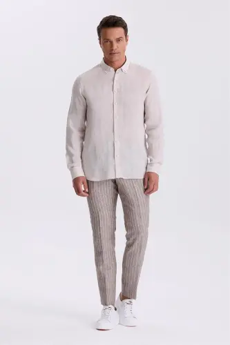 Beige 100% Linen Button Down Collar Comfort Fit Shirt - JAKAMEN (1)