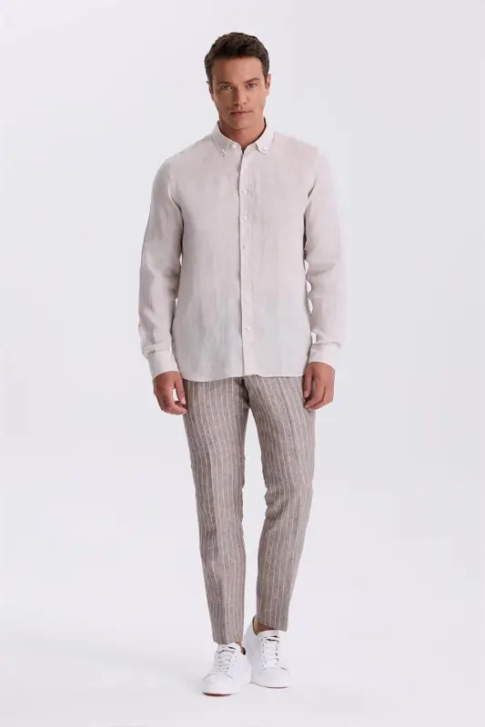 Beige 100% Linen Button Down Collar Comfort Fit Shirt - 2