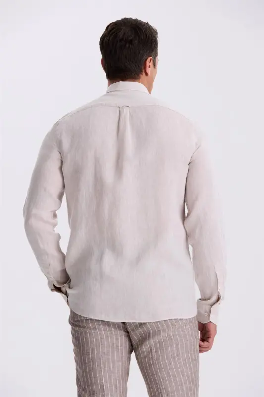 Beige 100% Linen Button Down Collar Comfort Fit Shirt - 4