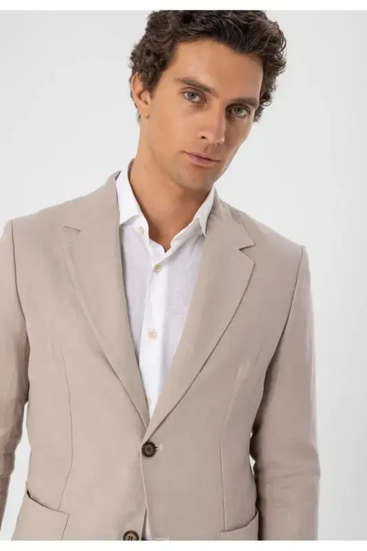 Beige 100% Linen Men's Blazer Jacket-Beige - 2