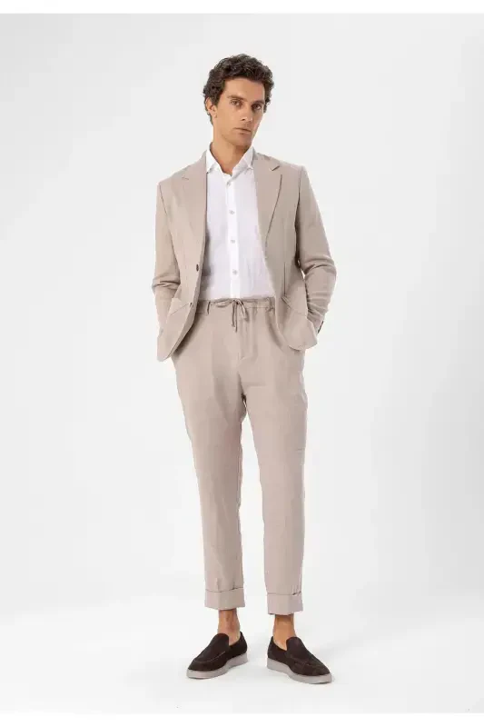 Beige 100% Linen Men's Blazer Jacket-Beige - 5