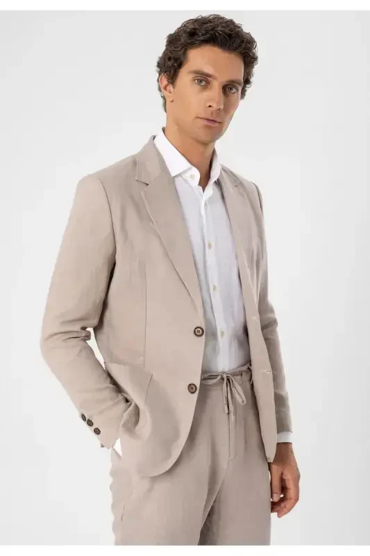 Beige 100% Linen Men's Blazer Jacket-Beige - 7