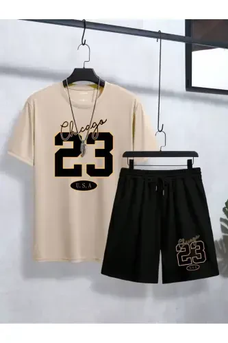 beige 23 printed short-sleeved oversize set-beige - 1