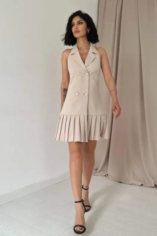 Beige Backless Jacket Collar Dress - 1