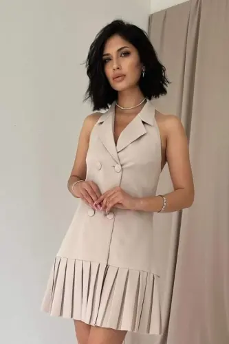 Beige Backless Jacket Collar Dress - BÜYÜKBEDENIZ (1)