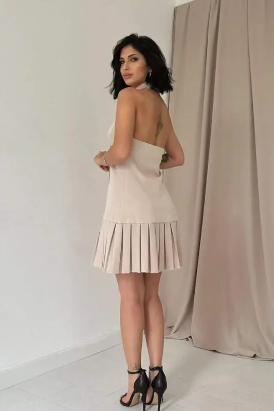 Beige Backless Jacket Collar Dress - 4