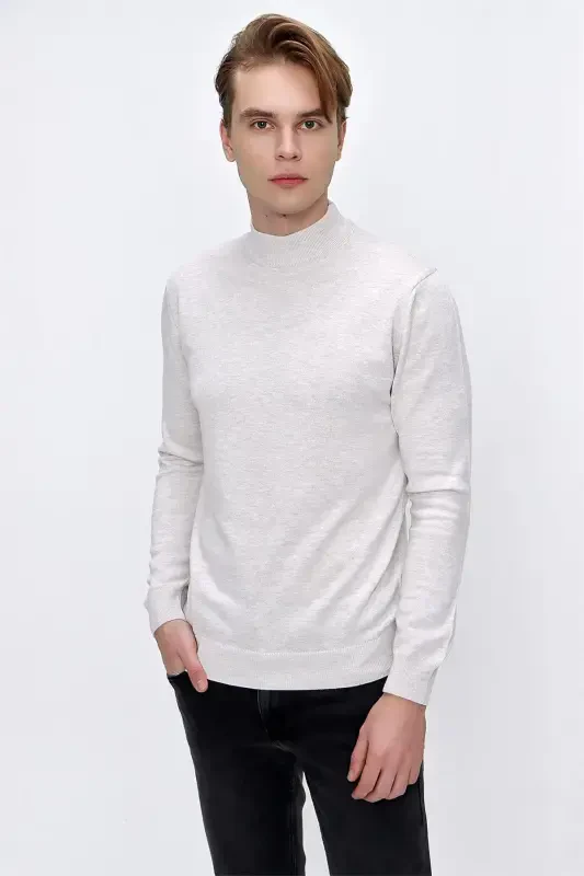 Beige Basic Dynamic Fit Comfort Fit Half Turtleneck Knit Sweater - 1
