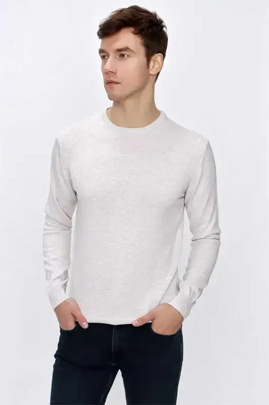 Beige Basic Dynamic Fit Relaxed Fit Bicycle Collar Knitted Sweater - MORVEN