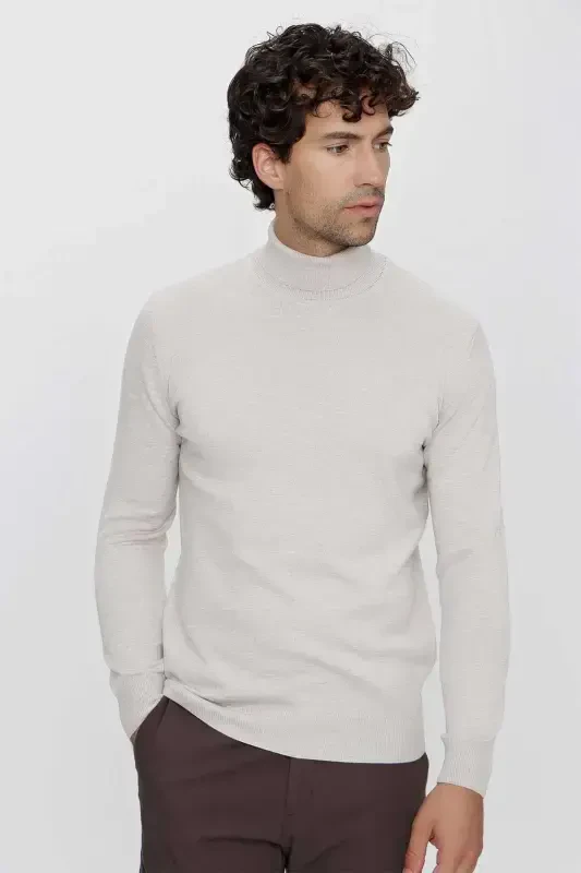 Beige Basic Dynamic Fit Relaxed Fit Fisherman Collar Knitted Sweater - MORVEN