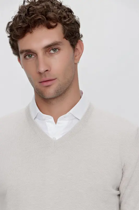 Beige Basic Dynamic Fit Relaxed Fit V Neck Knit Sweater - 5