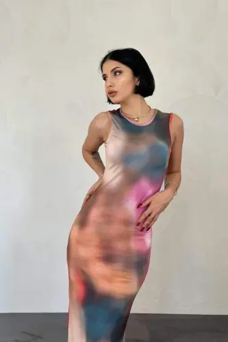 Beige Batik Patterned Dress - BÜYÜKBEDENIZ (1)