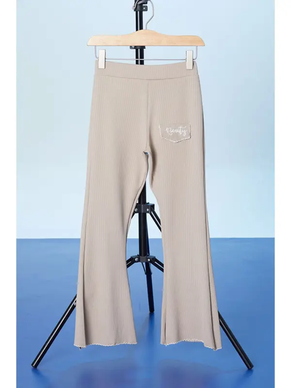 Beige Beauty Embroidered Lettered Flared Girl Leggings 18179-Beige - 1