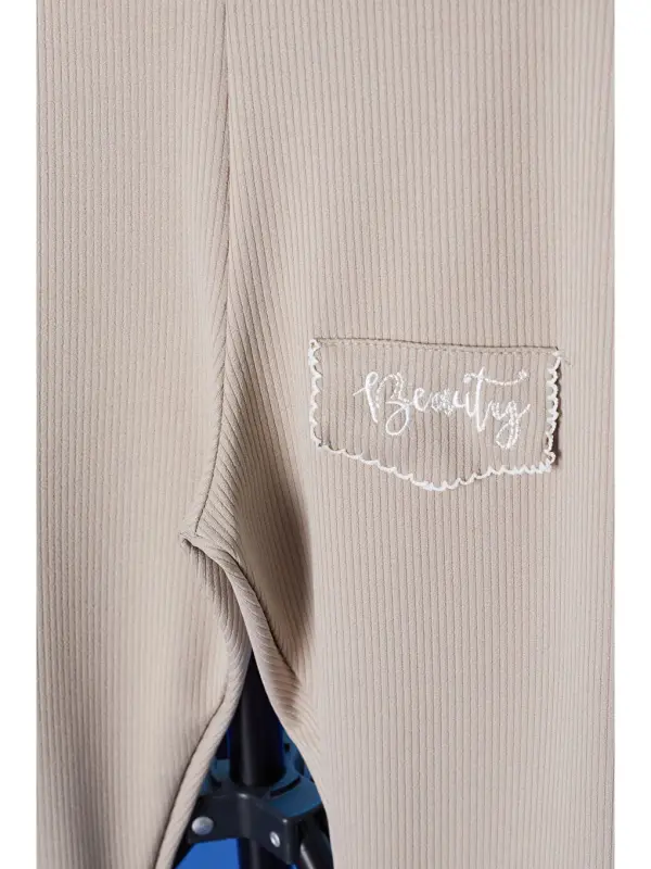 Beige Beauty Embroidered Lettered Flared Girl Leggings 18179-Beige - 2