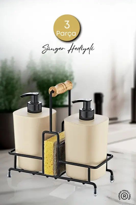 Beige Begonia Dish Soap and Liquid Soap Dispenser Kitchen Set with Metal Stand - Sponge Included - 1