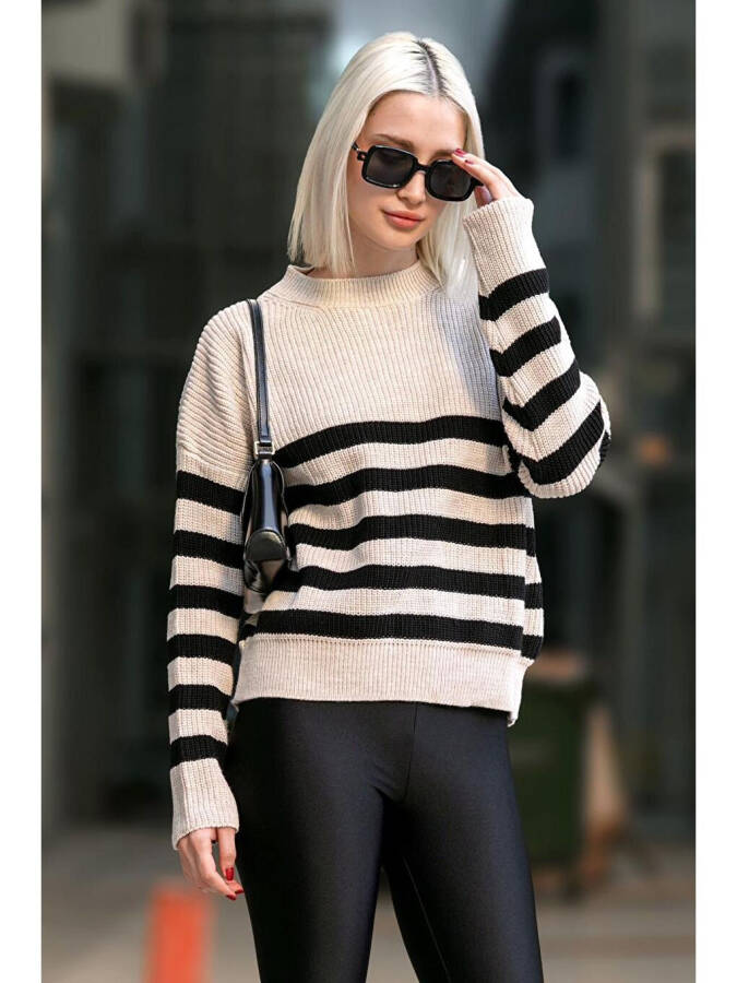 Beige Bicycle Neck Striped Sweater MG1258 - 5