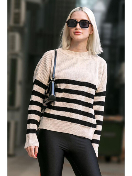 Beige Bicycle Neck Striped Sweater MG1258 - 6