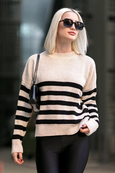 Beige Bicycle Neck Striped Sweater MG1258 - 7