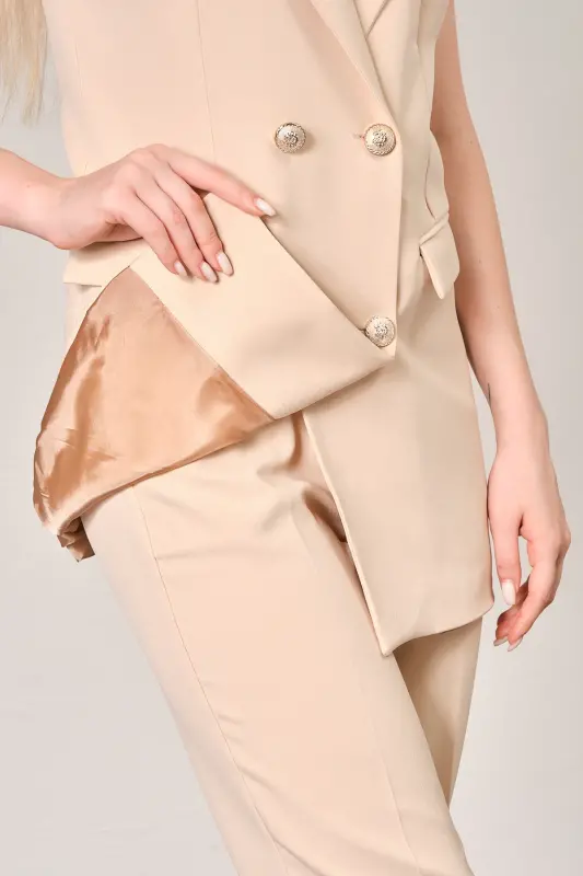 Beige Blazer Vest Trousers Atlas Fabric Suit - Beige - 5