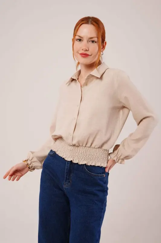 Beige Blouse with Elastic Waist and Cuffs - BÜYÜKBEDENIZ