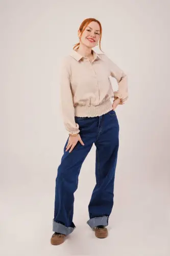 Beige Blouse with Elastic Waist and Cuffs - BÜYÜKBEDENIZ (1)